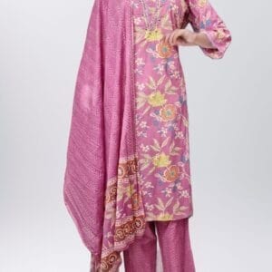 Pink Floral Cotton Ethnic Straight Suit