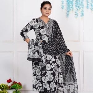 Black Floral Cotton Ethnic Straight Suit