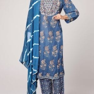 Blue Floral Print Cotton Ethnic Straight Suit (1)