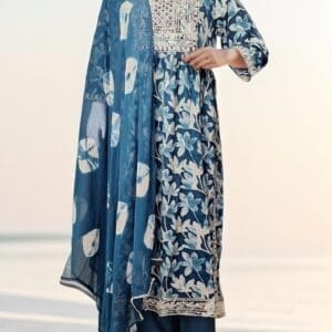 Blue Floral Printed Cotton Ethnic Nyra Cut Suit (1)