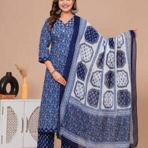 Blue Floral Printed Cotton Ethnic Straight Suit