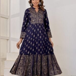 Blue Printed Cotton Ethnic Gown (1)