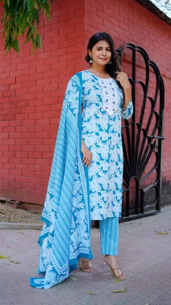 Dark Cyan Blue Floral Cotton Ethnic Straight Suit (2)