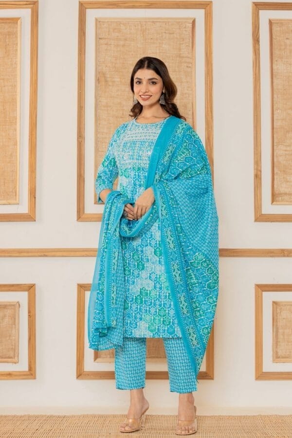 Firozi Floral Printed Cotton Ethnic Straight Suit