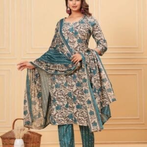 Green Grey Floral Cotton Ethnic Straight Suit