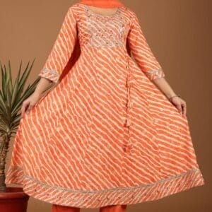 Orange Leheriya Print Cotton Ethnic Frock Suit Set