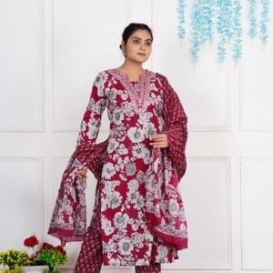 Maroon Red Floral Cotton Ethnic Straight Suit (2)