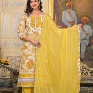 Mustard Yellow Floral Bottom Lace Cotton Ethnic Straight Suit (2)