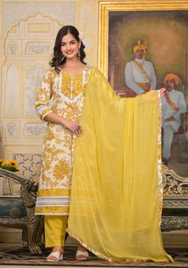 Mustard Yellow Floral Bottom Lace Cotton Ethnic Straight Suit (2)