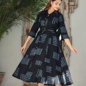 Navy Blue Lines Print Cotton Casual Gown (1)