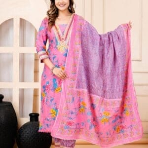 Pink Floral Print Zari work Bottom Cotton Ethnic Straight Suit (1)