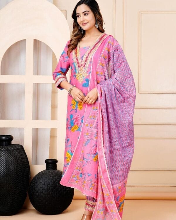 Pink Floral Print Zari work Bottom Cotton Ethnic Straight Suit (3)