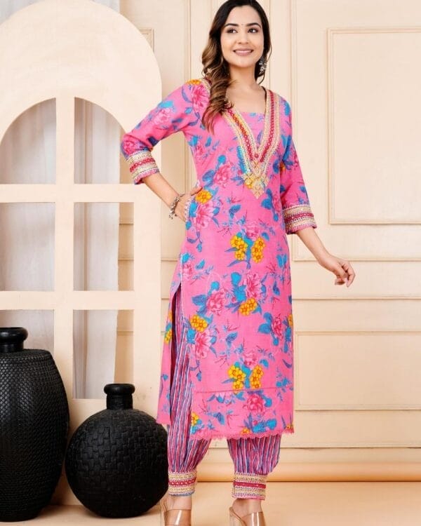 Pink Floral Print Zari work Bottom Cotton Ethnic Straight Suit (4)