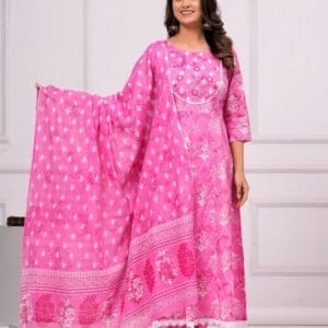 Pink Floral Printed Cotton Ethnic A Line Suit (1)