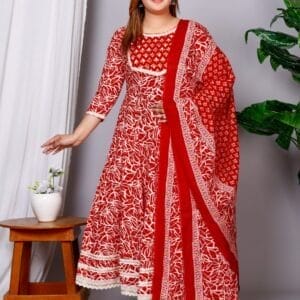 Red Pattern Cotton Ethnic Anarkali (1)