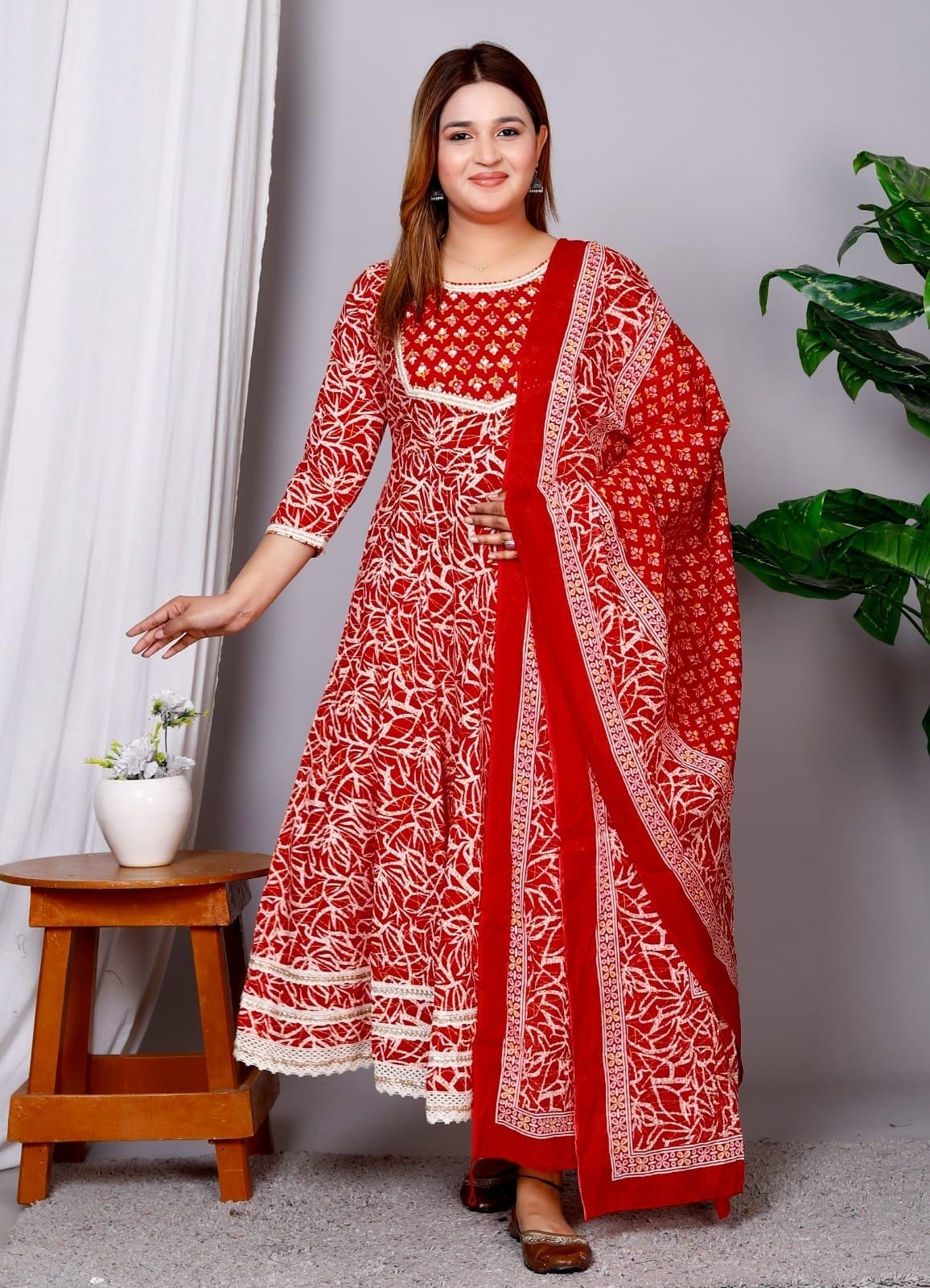 Red Pattern Cotton Ethnic Anarkali