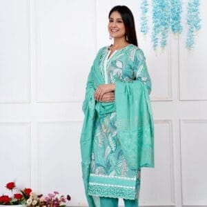 Sea Green Leaves Cotton Ethnic Straight Suit (3)