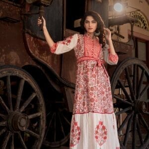 White Rust Floral Printed Cotton Ethnic Gown (2)