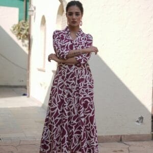 Wine Geometric Print Cotton Casual Gown (3)