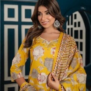 Yellow Floral Cotton Ethnic Straight Suit