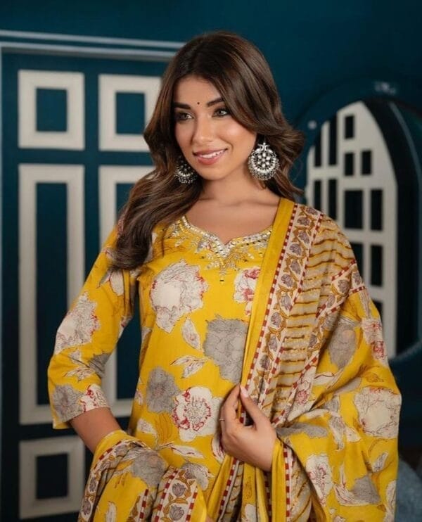 Yellow Floral Cotton Ethnic Straight Suit